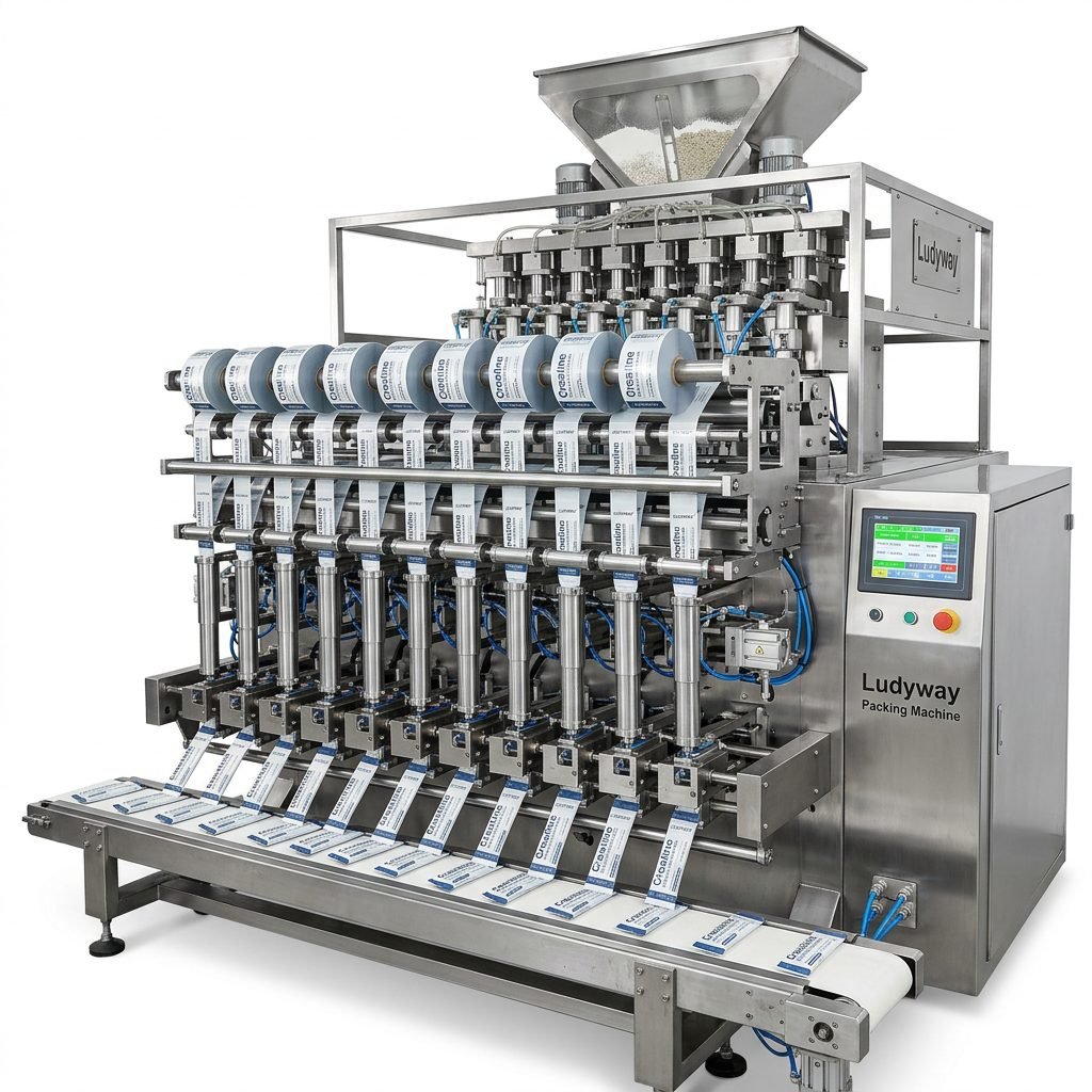 Creatine powder packaging machine with multi lane stick pack filling system