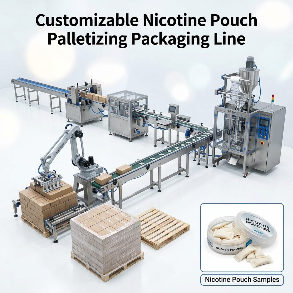 Customizable nicotine pouch packaging line for high speed production